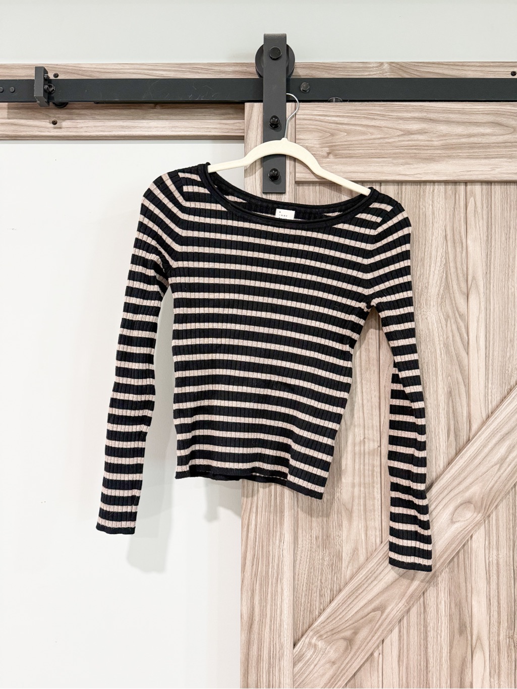 A New Day Black & Cream Striped Ribbed Long-Sleeve Top